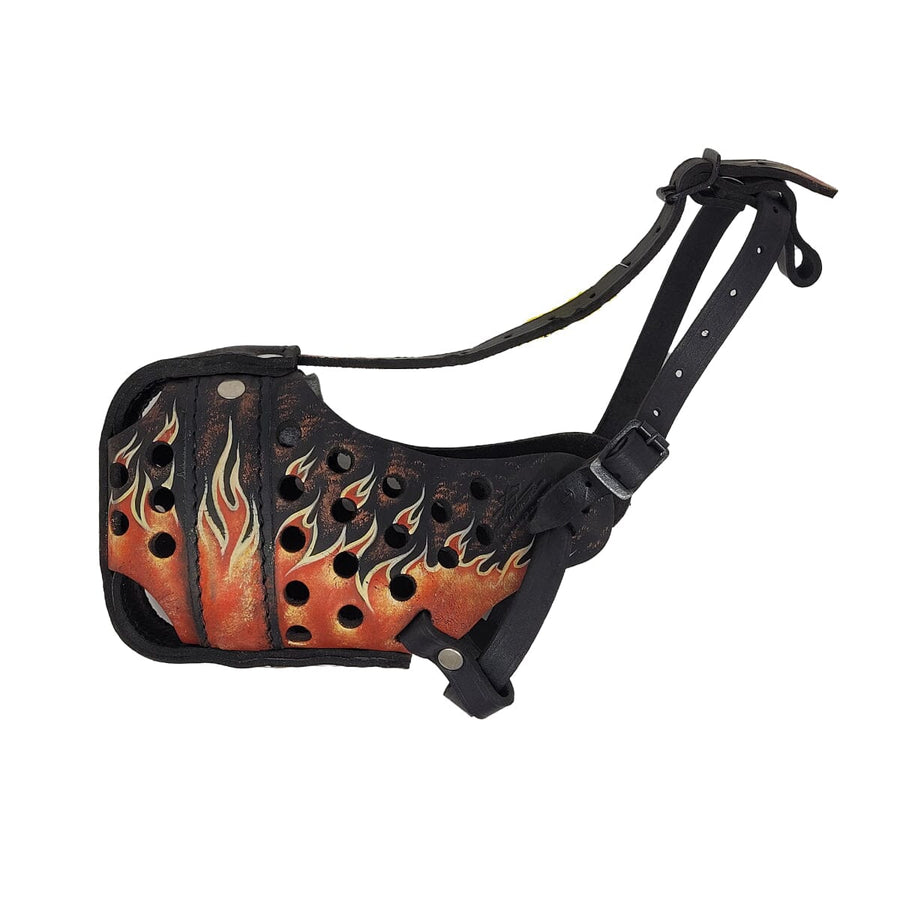 For Dog Trainers - Leather Muzzle with Hand-Painted Flames For Dog Trainers Medium - Malinois or similar 