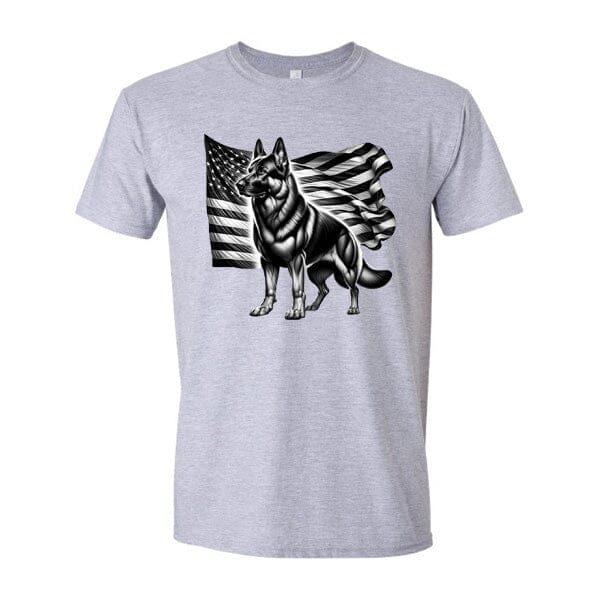 GSS - Patriotic German Shepherd With Flag T-Shirts German Shepherd Shop Gildan Men's Crewneck Heather Gray S